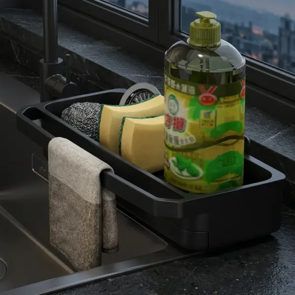 Kitchen Sink Organiser DraineR Sponge, Soap Cloth Holder Rack -hero black