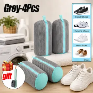 Shoe Laundry Bag with Zipper Fleece Lining Machine Wash Safe Grey 4 PCS