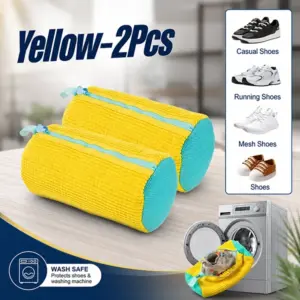 Shoe Laundry Bag with Zipper Fleece Lining Machine Wash Safe Yellow 2 PCS