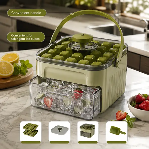 50 Grid Handheld Press Type Ice Cube Mold with Storage Bin & Scoop Green