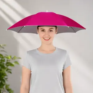 Foldable Hands-Free Umbrella Hat for Sun Rain Protection in Rose Red Color