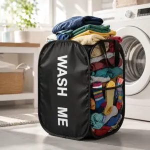 Portable Mesh Pop-Up Laundry Basket with Handles Black