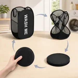 Portable Mesh Pop-Up Laundry Basket with Handles Foldable
