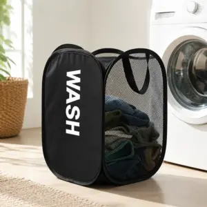 Portable Mesh Pop-Up Laundry Basket with Handles In Black