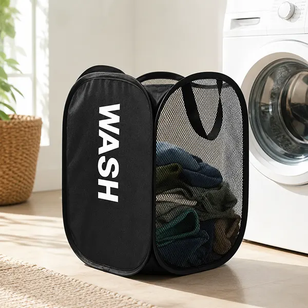 Portable Mesh Pop-Up Laundry Basket with Handles In Black
