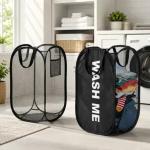 Portable Mesh Pop-Up Laundry Basket with Handles in Black and Portable