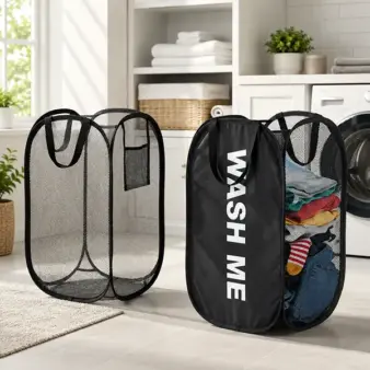 Portable Mesh Pop-Up Laundry Basket with Handles in Black and Portable