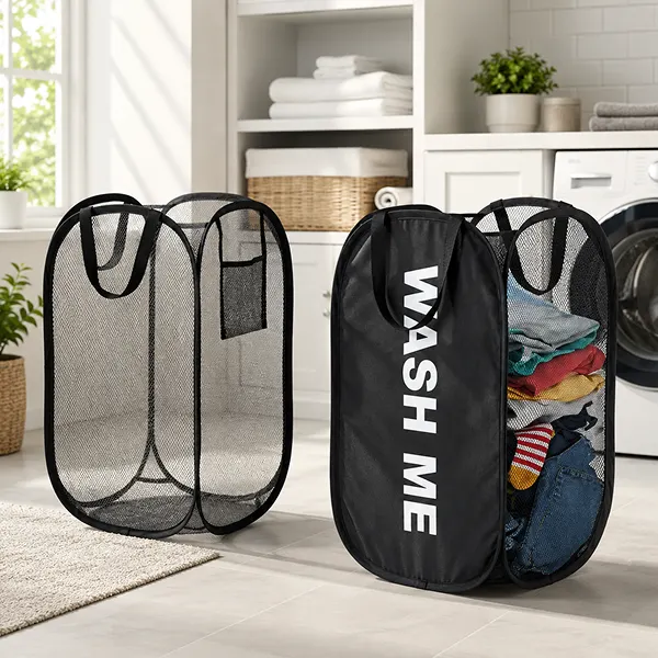 Portable Mesh Pop-Up Laundry Basket with Handles in Black and Portable