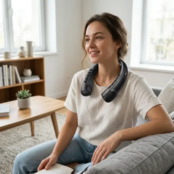 Wearable Neck Fan USB Rechargeable Hands-Free Portable Fan wearing indoor