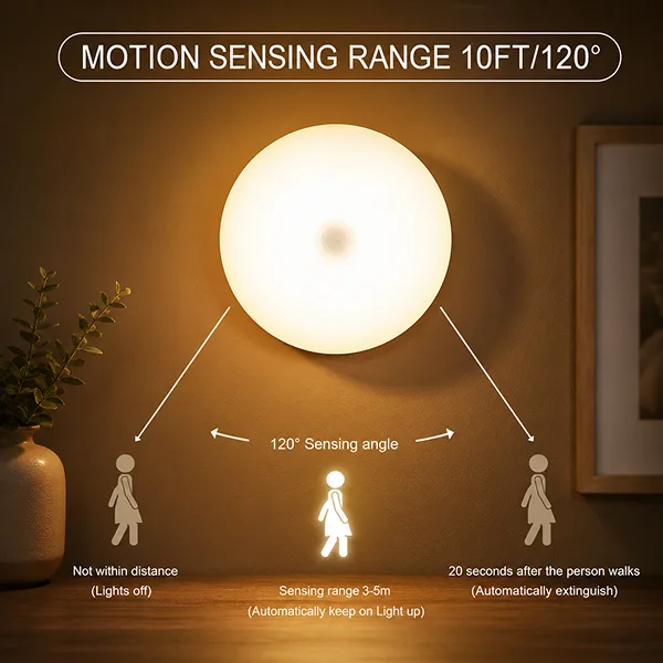 Wireless Motion Sensor Night Light Rechargeable LED Motion Sensing Range 10ft 120 Degree