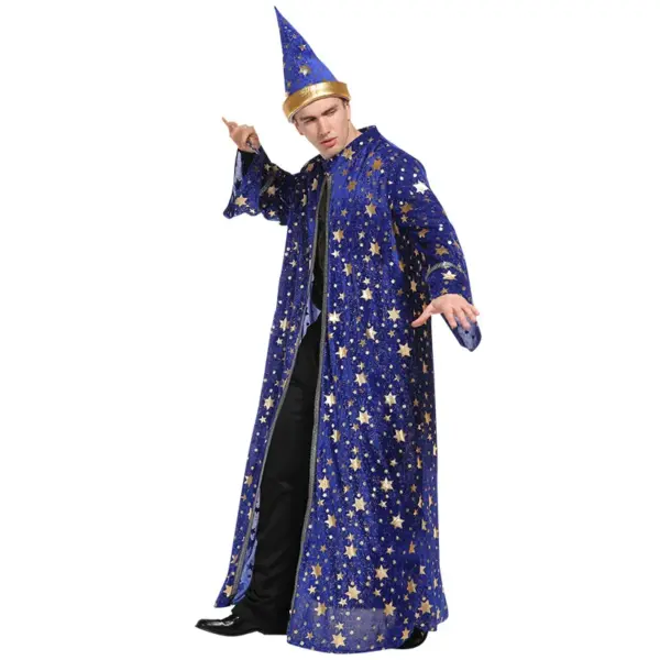 [Halloween Costume for Men and Women] Adult Wizard Cosplay Magician Performance Costume Blue Starry Robe + Pointed Hat Set Stars 3
