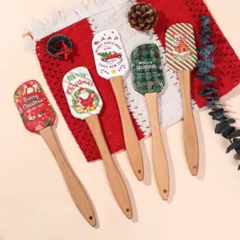 Christmas Silicone Spatula with Wooden Handle - Specially Designed for Christmas Cakes and Snowman Pancakes, Adorable Spatula, 2