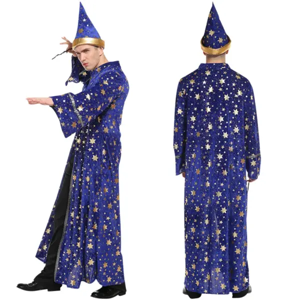 [Halloween Costume for Men and Women] Adult Wizard Cosplay Magician Performance Costume Blue Starry Robe + Pointed Hat Set Stars 2
