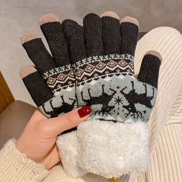 Christmas Reindeer Jacquard Knit Gloves Plush Cuff Thick Warm Gloves Autumn Winter Soft Coldproof Touchscreen Gloves 5