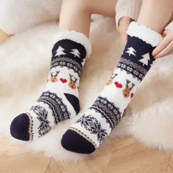 Christmas Fleece Lined Carpet Socks for Women, Warm Slip Resistant Winter Floor Socks 1