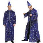 [Halloween Costume for Men and Women] Adult Wizard Cosplay Magician Performance Costume Blue Starry Robe + Pointed Hat Set Stars 1