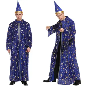 [Halloween Costume for Men and Women] Adult Wizard Cosplay Magician Performance Costume Blue Starry Robe + Pointed Hat Set Stars 1