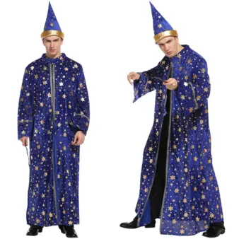 [Halloween Costume for Men and Women] Adult Wizard Cosplay Magician Performance Costume Blue Starry Robe + Pointed Hat Set Stars 1