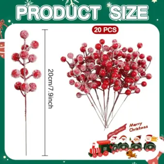 20PCS Artificial Frosted Red Berry Stems for Christmas Trees size