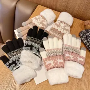 Christmas Reindeer Jacquard Knit Gloves Plush Cuff Thick Warm Gloves Autumn Winter Soft Coldproof Touchscreen Gloves 3