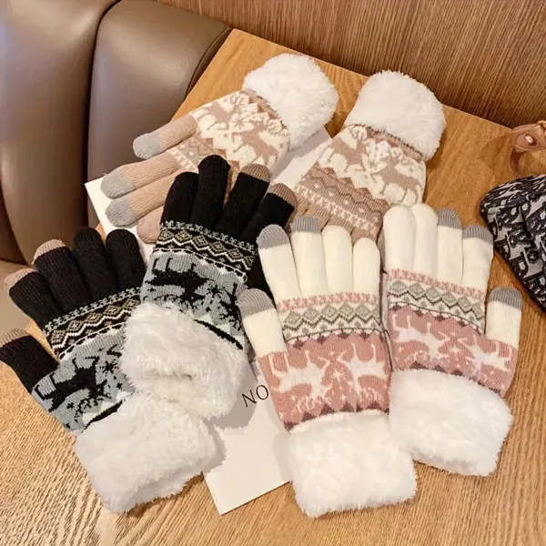 Christmas Reindeer Jacquard Knit Gloves Plush Cuff Thick Warm Gloves Autumn Winter Soft Coldproof Touchscreen Gloves 3