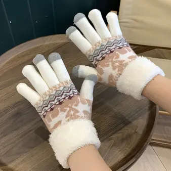 Christmas Reindeer Jacquard Knit Gloves Plush Cuff Thick Warm Gloves Autumn Winter Soft Coldproof Touchscreen Gloves 2