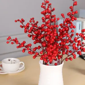 Christmas Red Berry PE Artificial Flower 5 Branches Fake Berries Christmas Wreath Handmade Accessories Home New Year Decorations 2