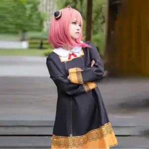Anime SPY X FAMILY Anya Forger Cosplay Costume Black Dress Uniform Child Girls Pink Wig Stockings Party Role Outfit Adults Kids 6
