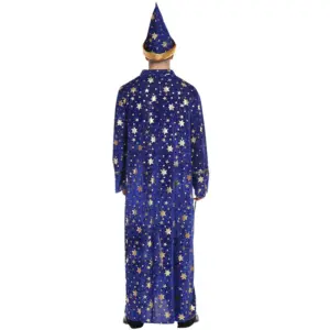 [Halloween Costume for Men and Women] Adult Wizard Cosplay Magician Performance Costume Blue Starry Robe + Pointed Hat Set Stars 4
