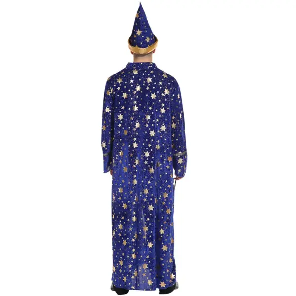 [Halloween Costume for Men and Women] Adult Wizard Cosplay Magician Performance Costume Blue Starry Robe + Pointed Hat Set Stars 4