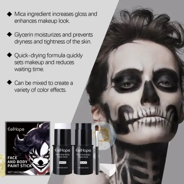 Halloween Black White Face Body Paint Kit Full Coverage Lighweight Foundation Clown Joker Makeup Festive Makeup Accessories Set 3