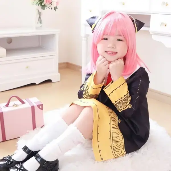 Anime SPY X FAMILY Anya Forger Cosplay Costume Black Dress Uniform Child Girls Pink Wig Stockings Party Role Outfit Adults Kids 3