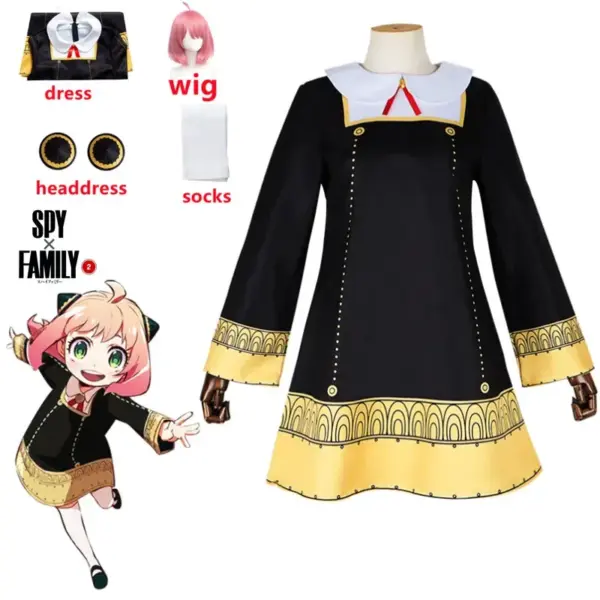 Anime SPY X FAMILY Anya Forger Cosplay Costume Black Dress Uniform Child Girls Pink Wig Stockings Party Role Outfit Adults Kids 4