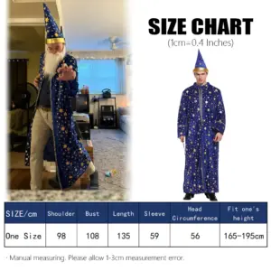 [Halloween Costume for Men and Women] Adult Wizard Cosplay Magician Performance Costume Blue Starry Robe + Pointed Hat Set Stars 6