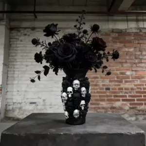 3D Skull Decorative Vase Black Resin