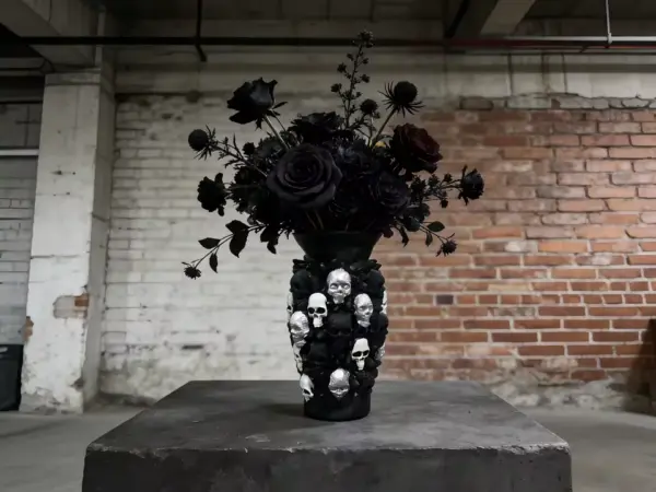3D Skull Decorative Vase Black Resin