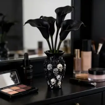 3D Skull Decorative Vase Black Resin Flower Holder on table