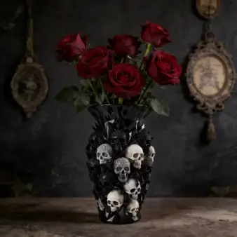 3D Skull Decorative Vase Black Resin Flower Holder with rose