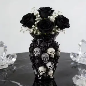3D Skull Decorative Vase Black Resin Flower Holder with white & black