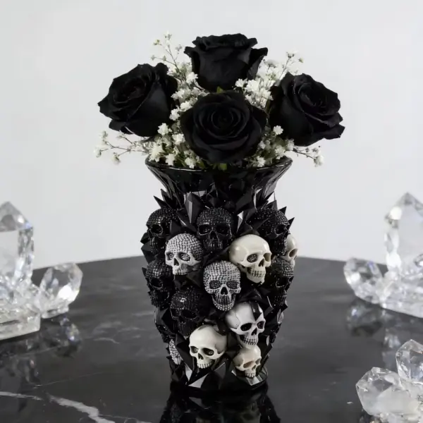 3D Skull Decorative Vase Black Resin Flower Holder with white & black