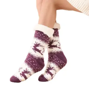 Christmas Fleece Lined Carpet Socks for Women, Warm Slip Resistant Winter Floor Socks 5