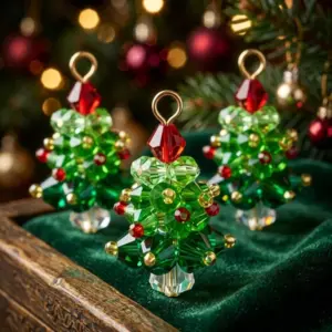 6 Pcs Beaded Crystal Glass Christmas Tree Charms closeup