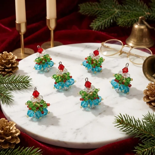 6 Pcs Beaded Crystal Glass Christmas Tree Charms luxury