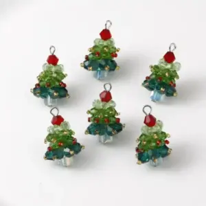 6 Pcs Beaded Crystal Glass Christmas Tree Charms silver