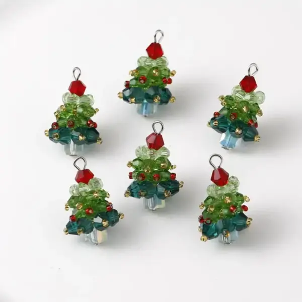 6 Pcs Beaded Crystal Glass Christmas Tree Charms silver