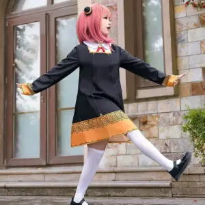 Anime SPY X FAMILY Anya Forger Cosplay Costume Black Dress Uniform Child Girls Pink Wig Stockings Party Role Outfit Adults Kids 5