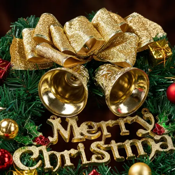 Artificial Door Wreath with Bells, Bows & Ornaments for Christmas Decoration macro detail