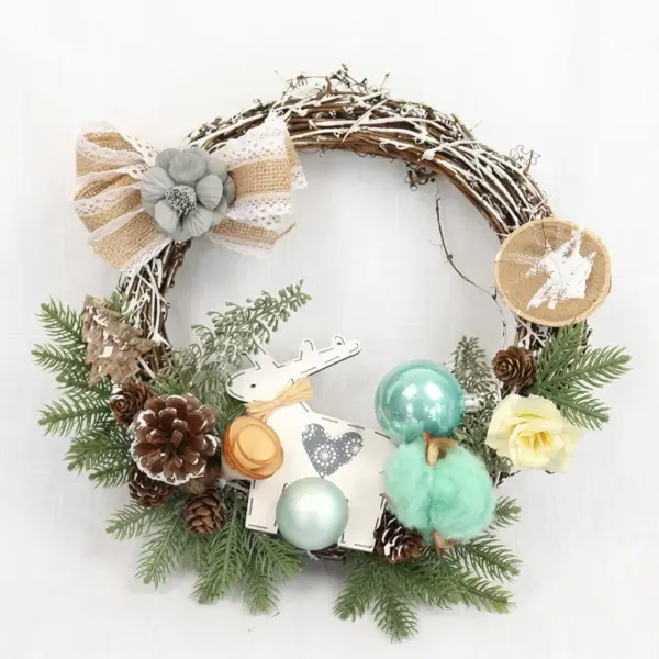 Artificial Door Wreath with Bells, Bows & Ornaments for Christmas Decoration rustic mint