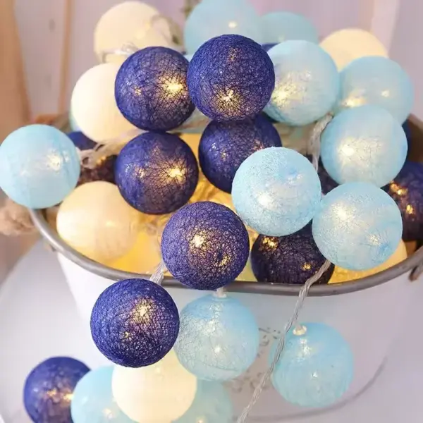 Cotton Ball String Lights – Warm White Fairy Garland for Bedrooms, Parties & Weddings I Blue