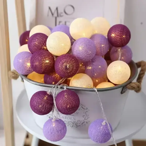 Cotton Ball String Lights – Warm White Fairy Garland for Bedrooms, Parties & Weddings style c purple